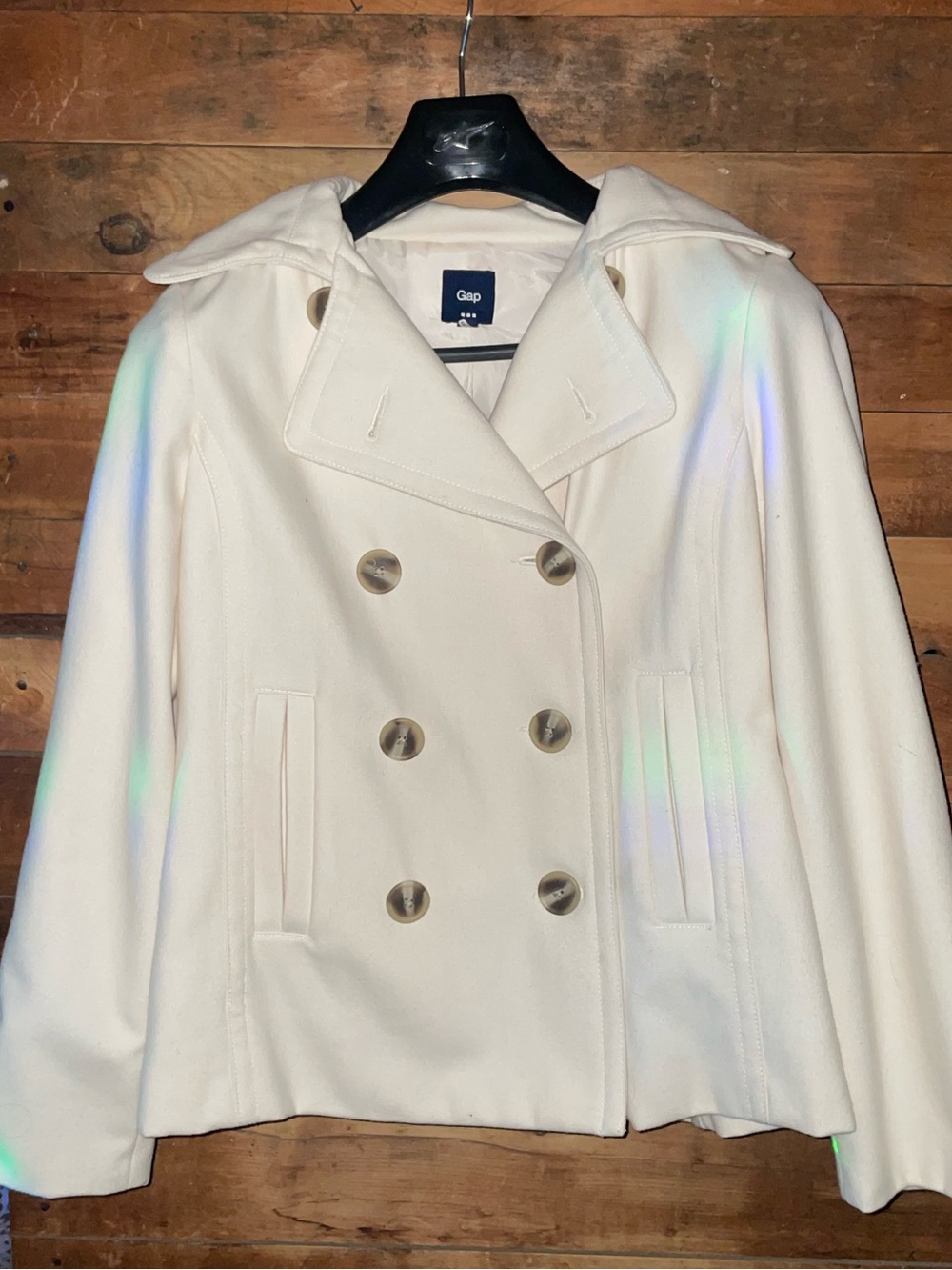 GAP Women's Ivory White Wool & Linen Blend Double-Breasted Peacoat Jacket Sz L
